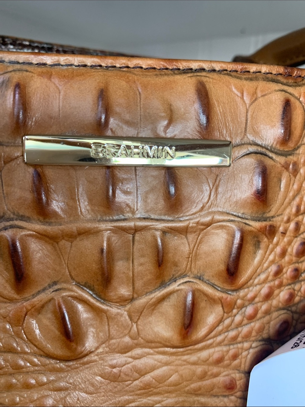 Brahmin Tan and Dark Brown Croc-Embossed Leather Tote with Gold Charm - Picture 4 of 7